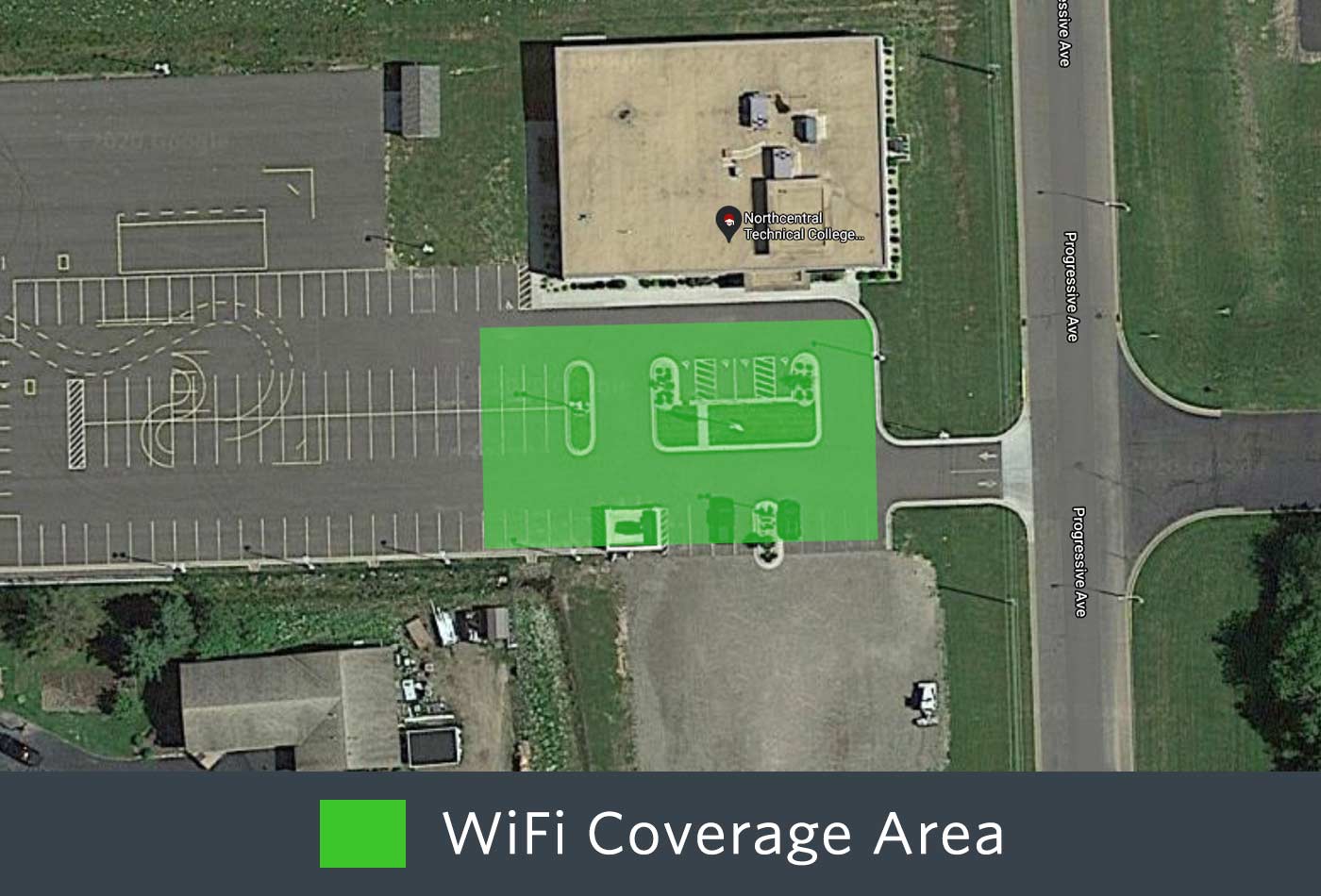 Outdoor WiFi coverage of the front of the Medford Campus