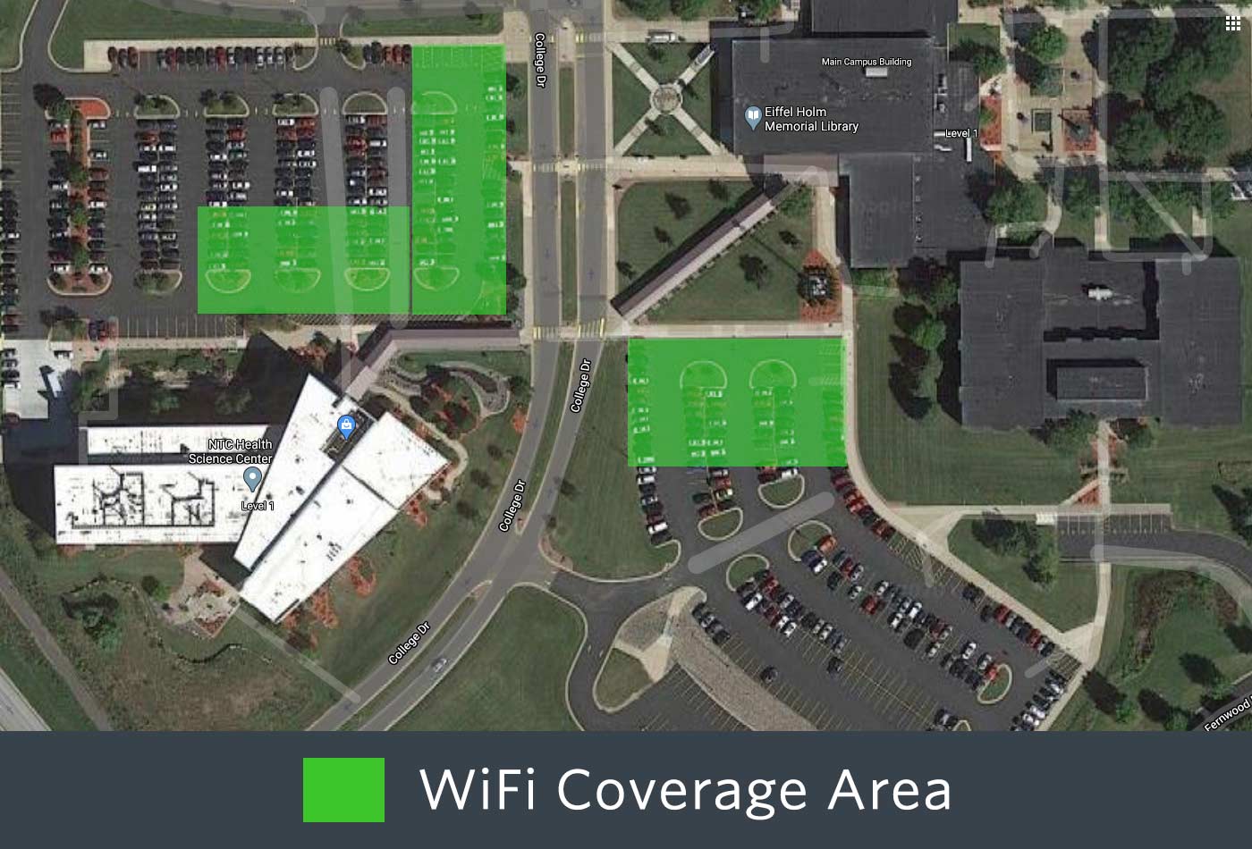 Outdoor WiFi coverage of the front of the Wausau Campus