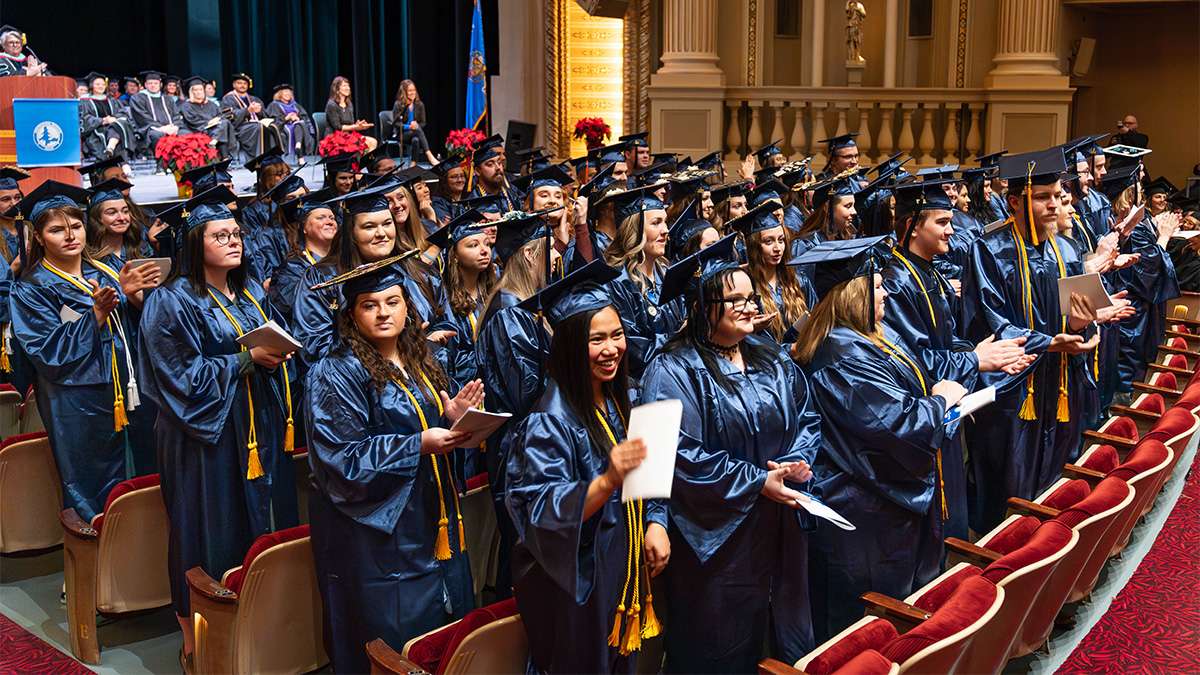 An overhead view of Northcentral Technical College students at a graduation ceremony.