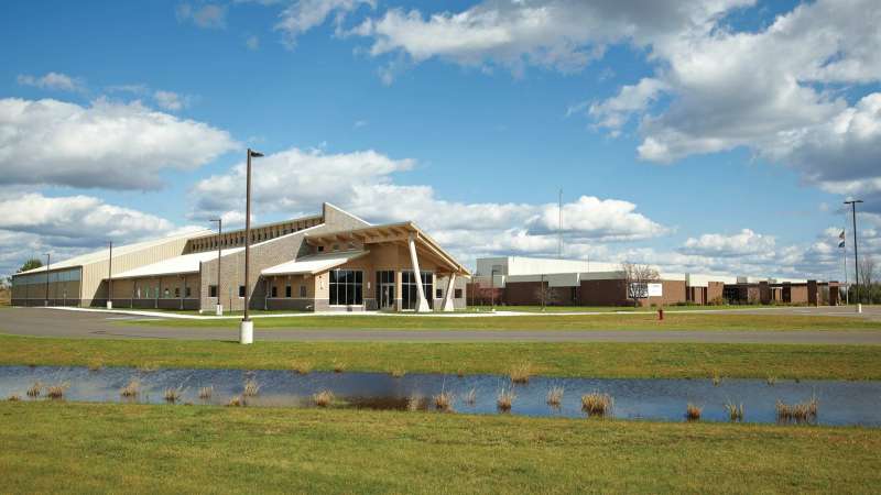 Exterior of Antigo Campus buildings, including the main building and the Wood Technology Center of Excellence