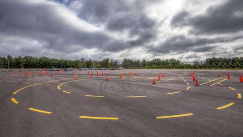 EVOC Skidpad with cones set up and lines painted on the pavement.