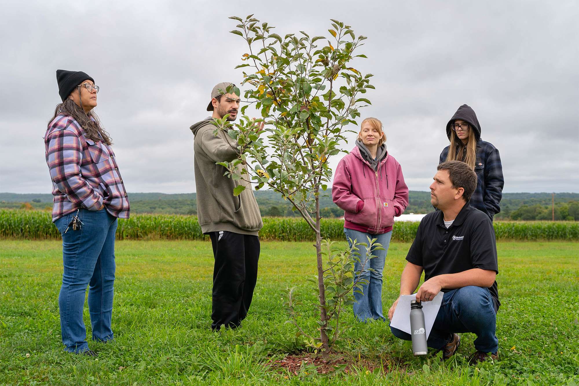 A small group of students and farmers are observing a small apple tree together.