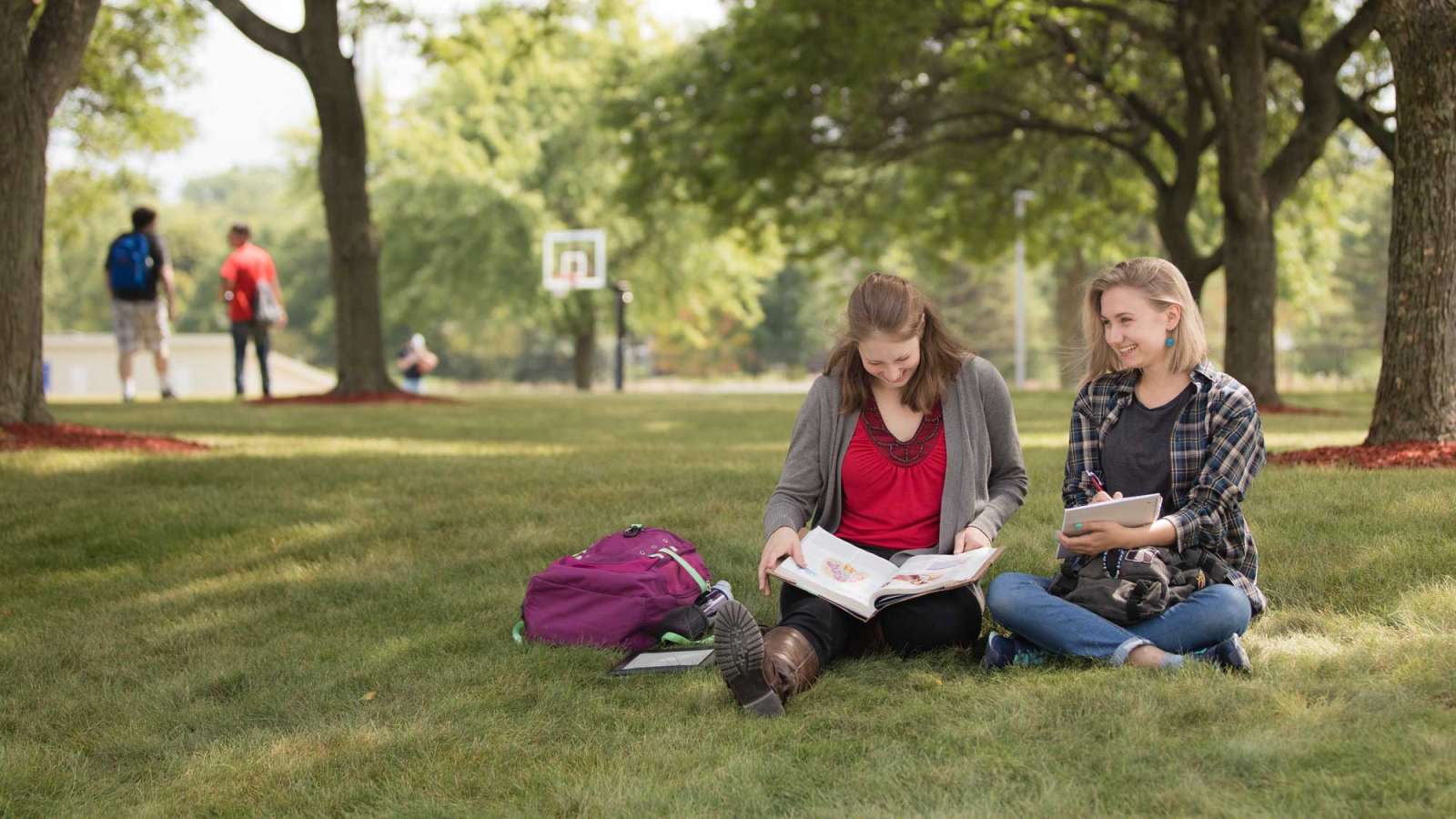 Two students sitting on the grass in the courtyard of the Wausau Campus, as other students are seen in the background.